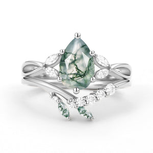 Twig Pear Shaped Moss Agate Bridal Ring Set 2pcs