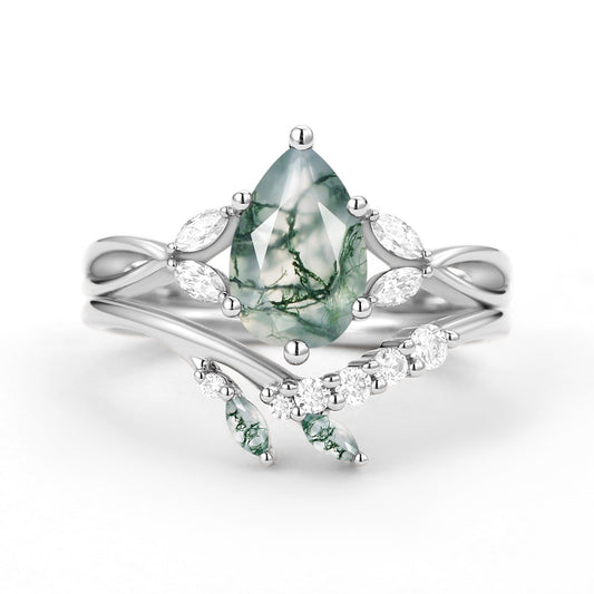 Twig Pear Shaped Moss Agate Bridal Ring Set 2pcs