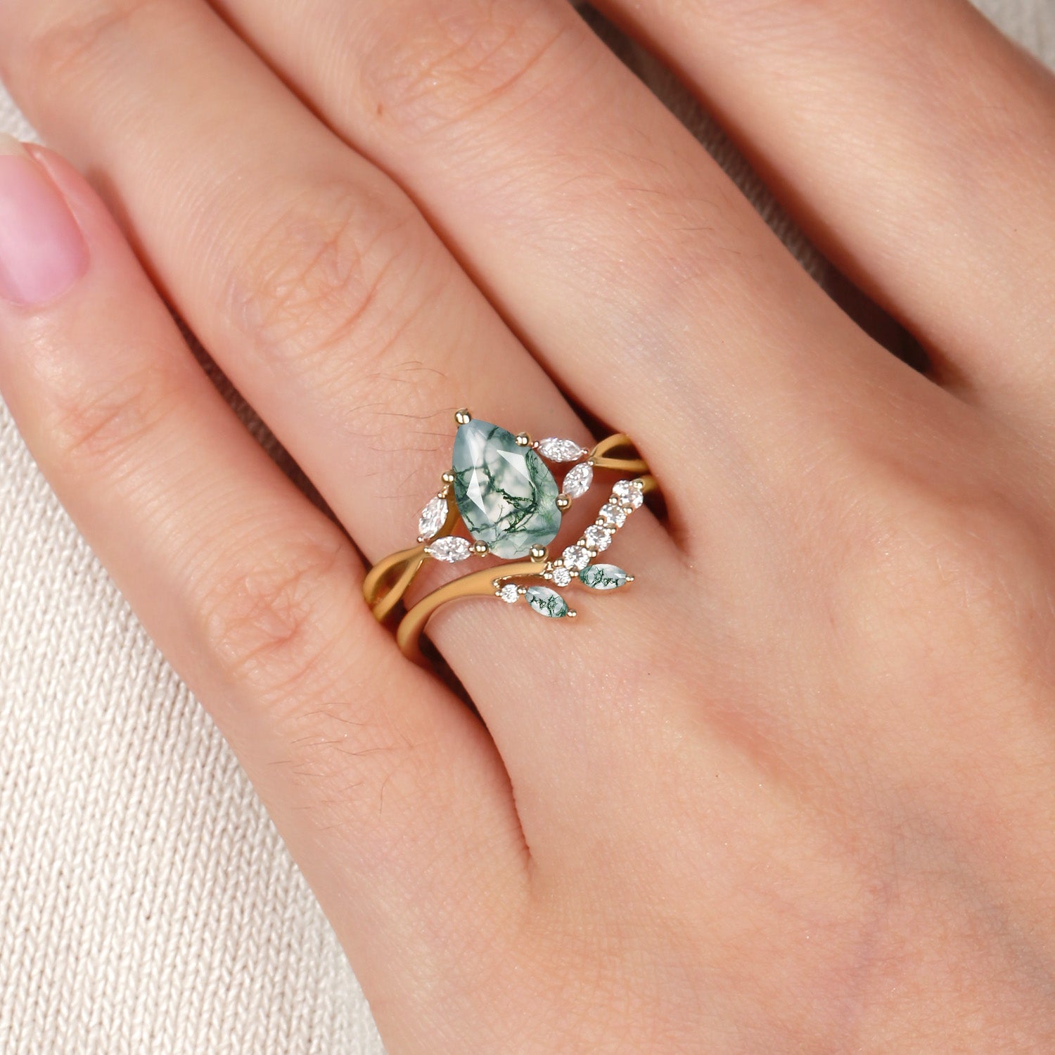 Twig Pear Shaped Moss Agate Bridal Ring Set 2pcs