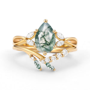 Twig Pear Shaped Moss Agate Bridal Ring Set 2pcs