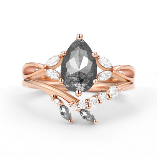 Twig Pear Shaped Moss Agate Bridal Ring Set 2pcs
