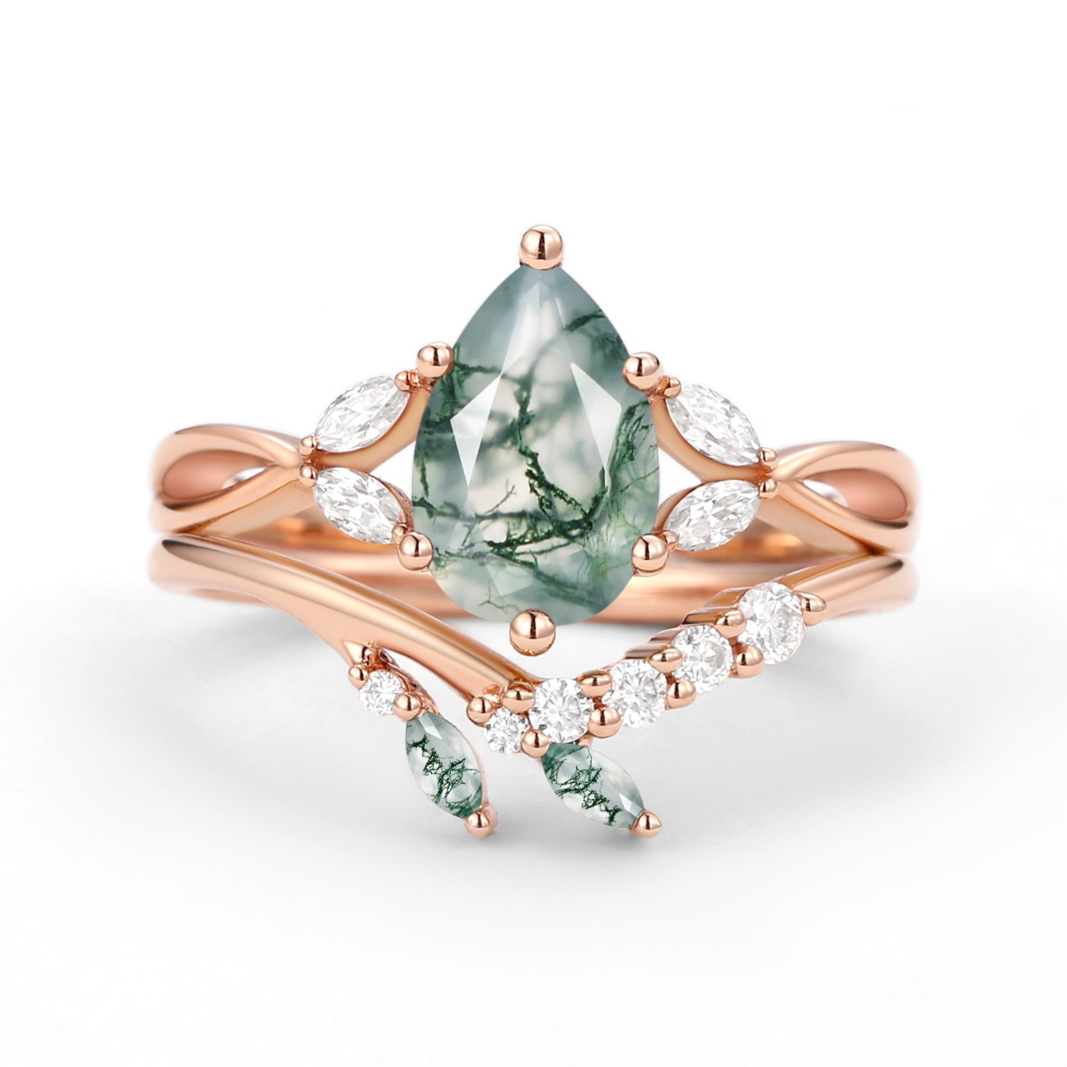 Twig Pear Shaped Moss Agate Bridal Ring Set 2pcs