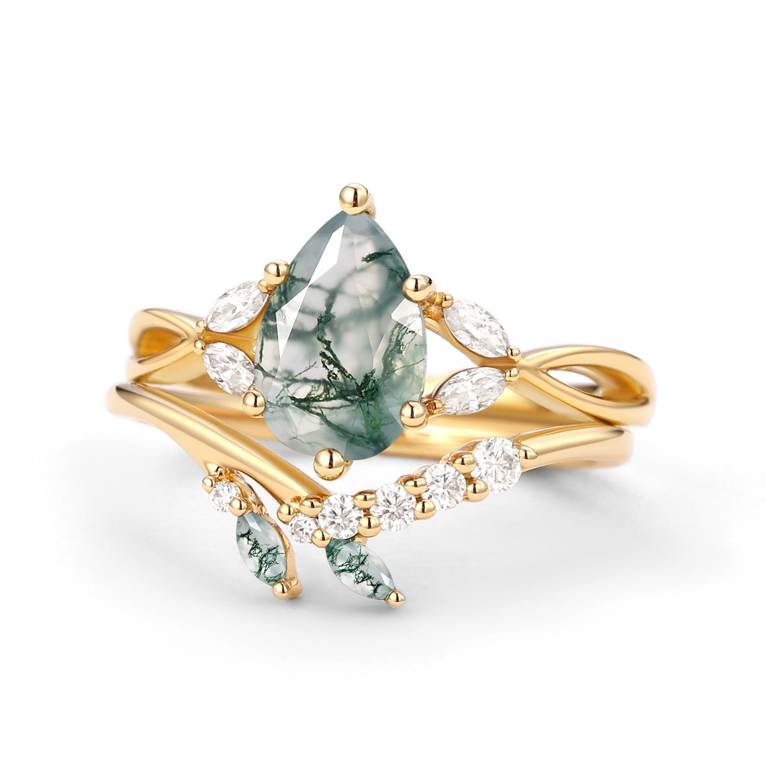Twig Pear Shaped Moss Agate Bridal Ring Set 2pcs