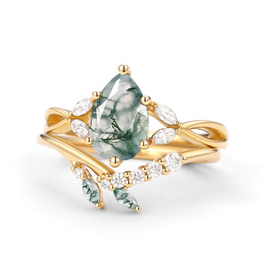 Twig Pear Shaped Moss Agate Bridal Ring Set 2pcs