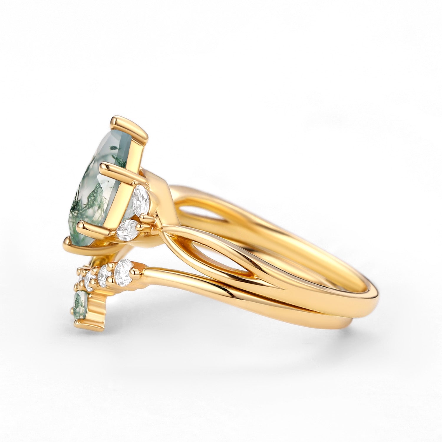Twig Pear Shaped Moss Agate Bridal Ring Set 2pcs
