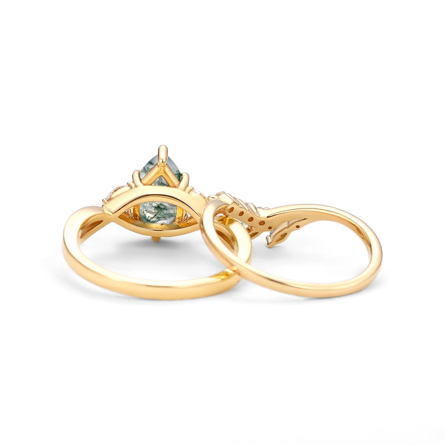 Twig Pear Shaped Moss Agate Bridal Ring Set 2pcs