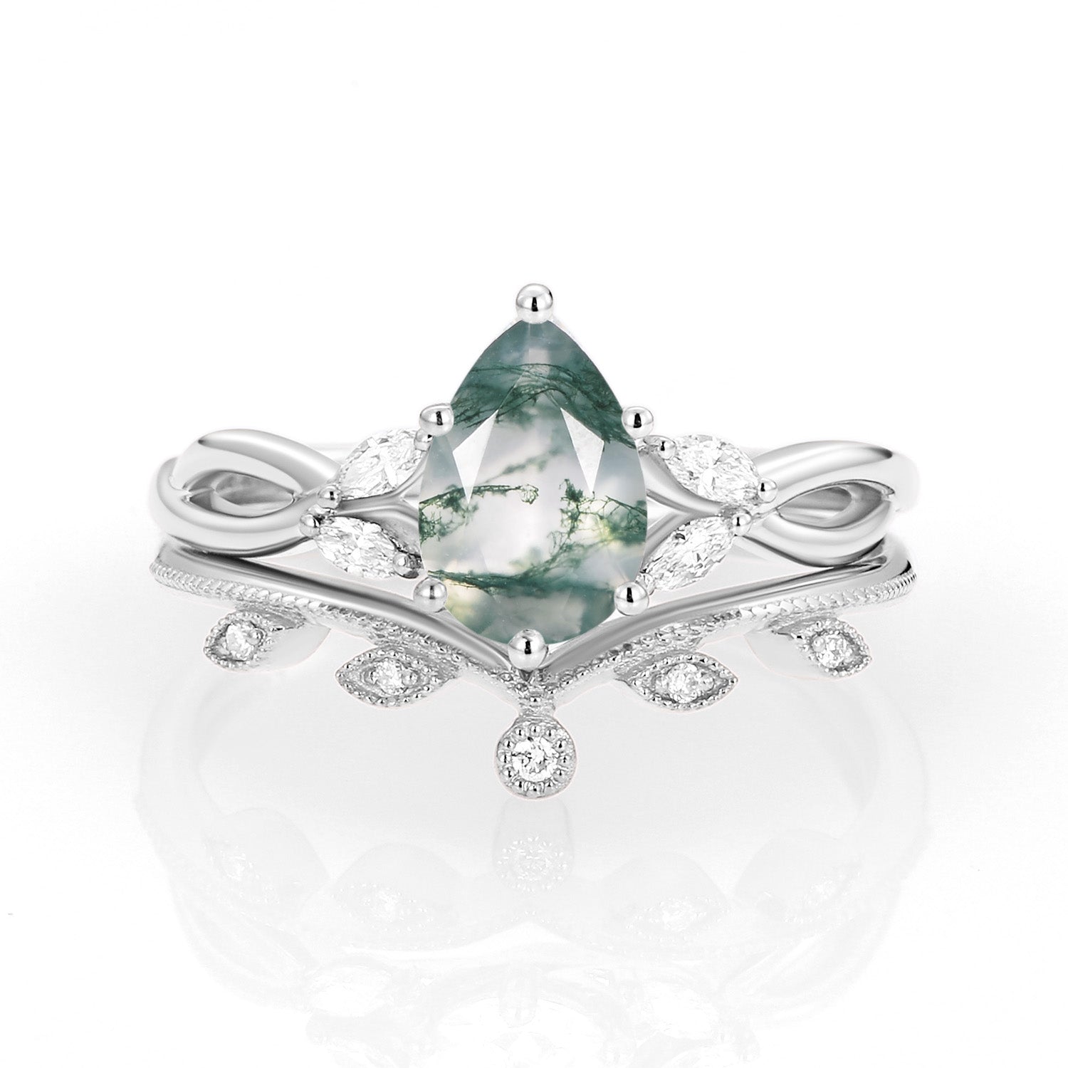 Pear Shaped Moss Agate Bridal Ring Set 2pcs - Autumn