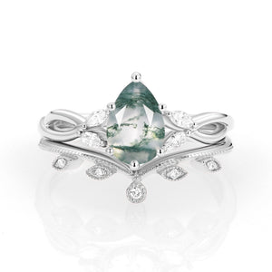 Pear Shaped Moss Agate Bridal Ring Set 2pcs - Autumn