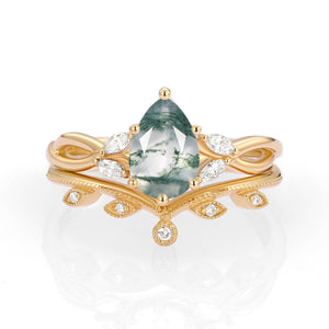 Pear Shaped Moss Agate Bridal Ring Set 2pcs - Autumn
