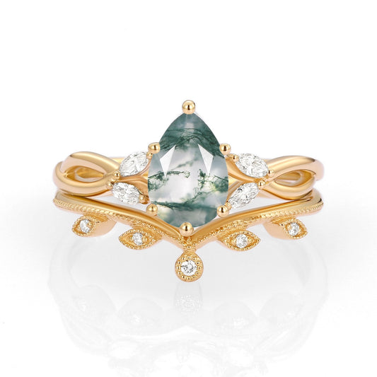 Pear Shaped Moss Agate Bridal Ring Set 2pcs - Autumn