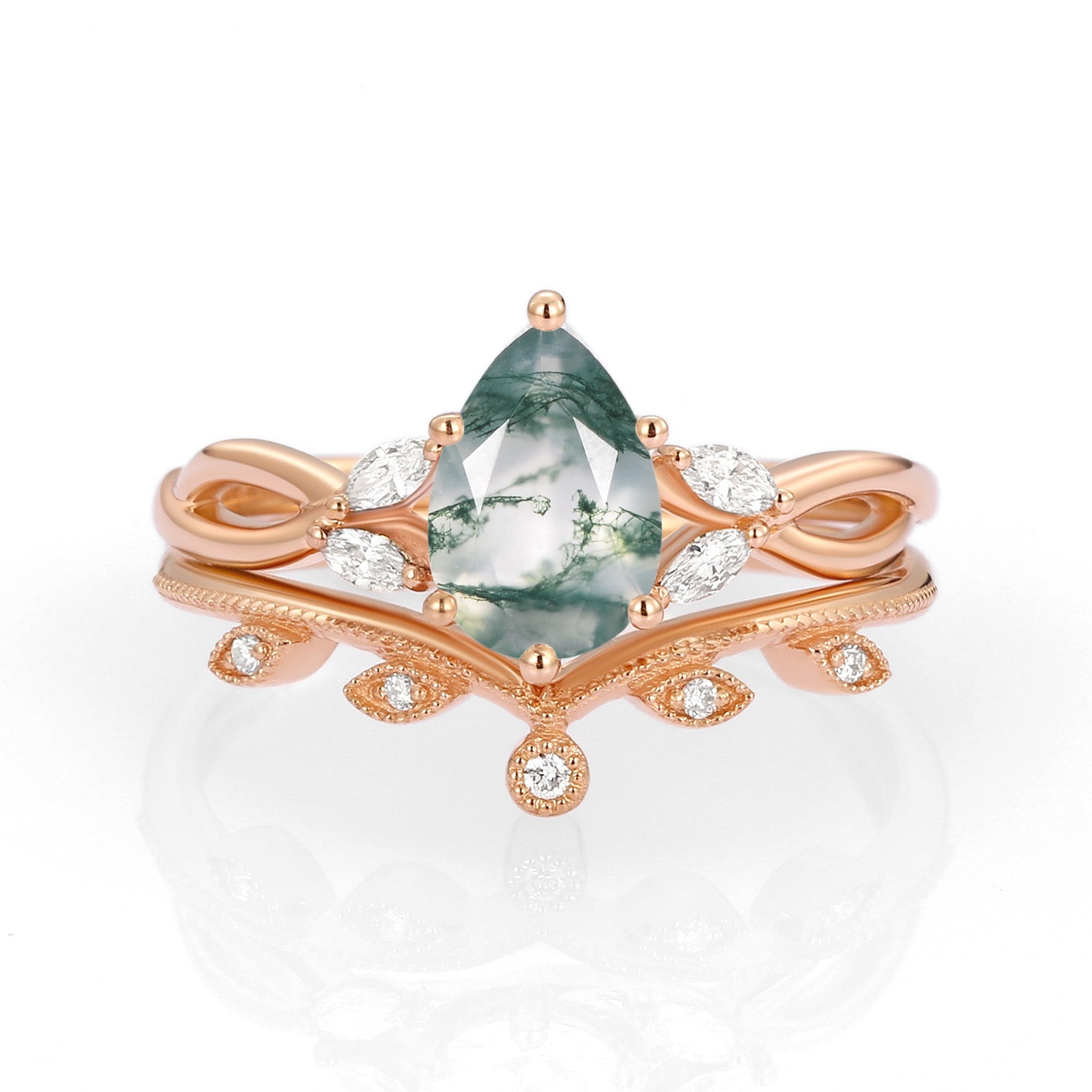 Pear Shaped Moss Agate Bridal Ring Set 2pcs - Autumn