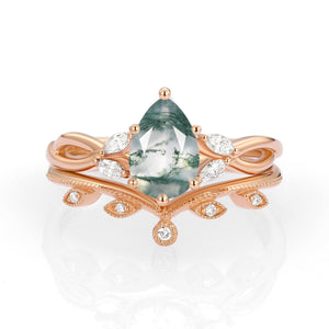 Pear Shaped Moss Agate Bridal Ring Set 2pcs - Autumn