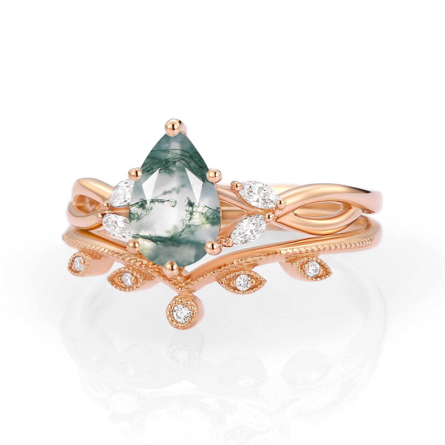 Pear Shaped Moss Agate Bridal Ring Set 2pcs - Autumn