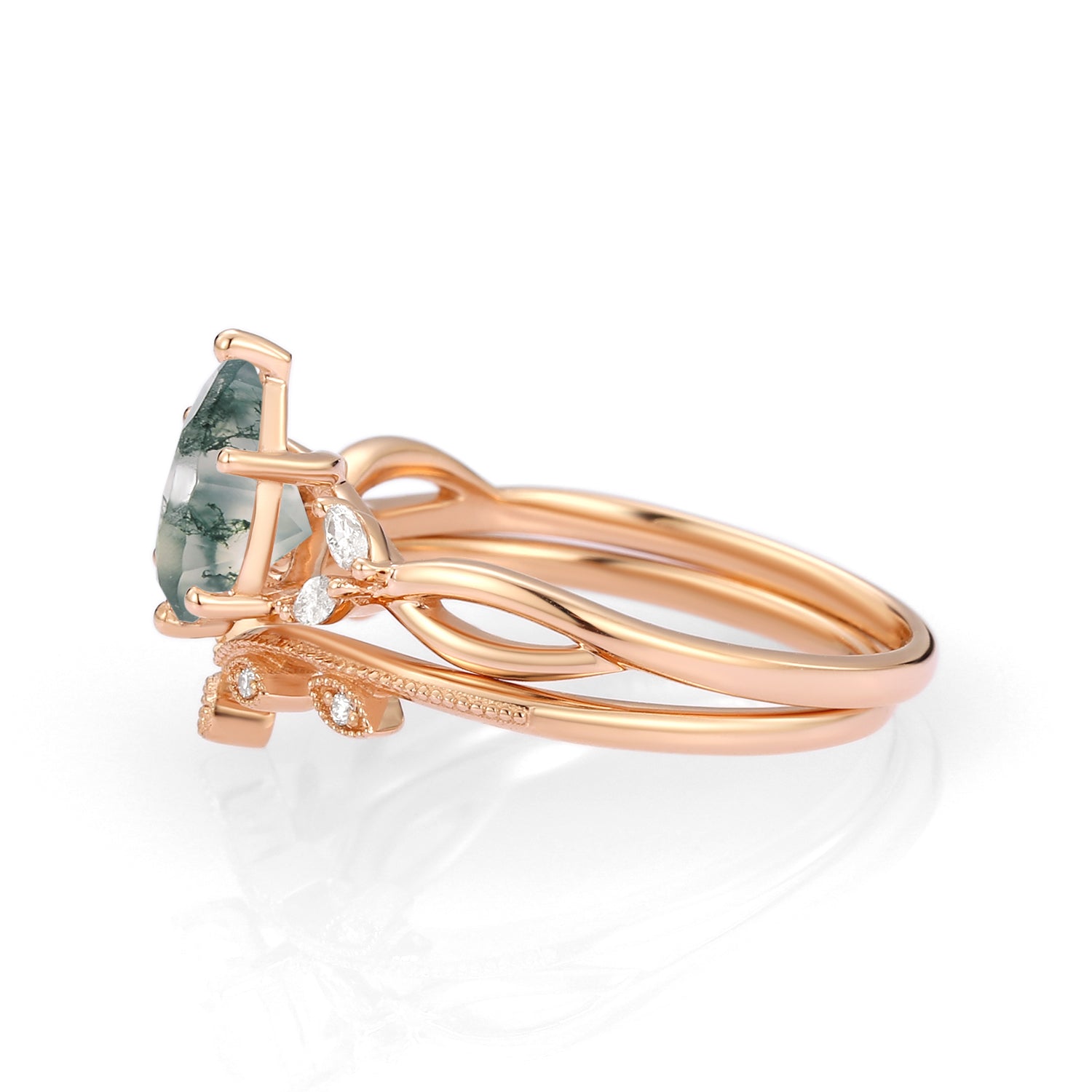 Pear Shaped Moss Agate Bridal Ring Set 2pcs - Autumn