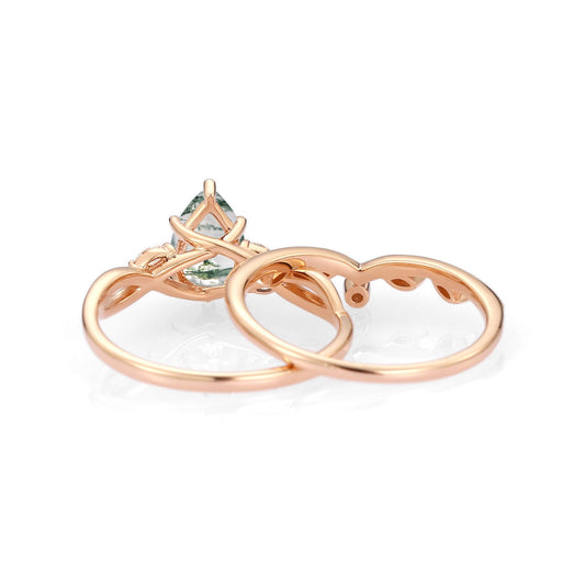 Pear Shaped Moss Agate Bridal Ring Set 2pcs - Autumn