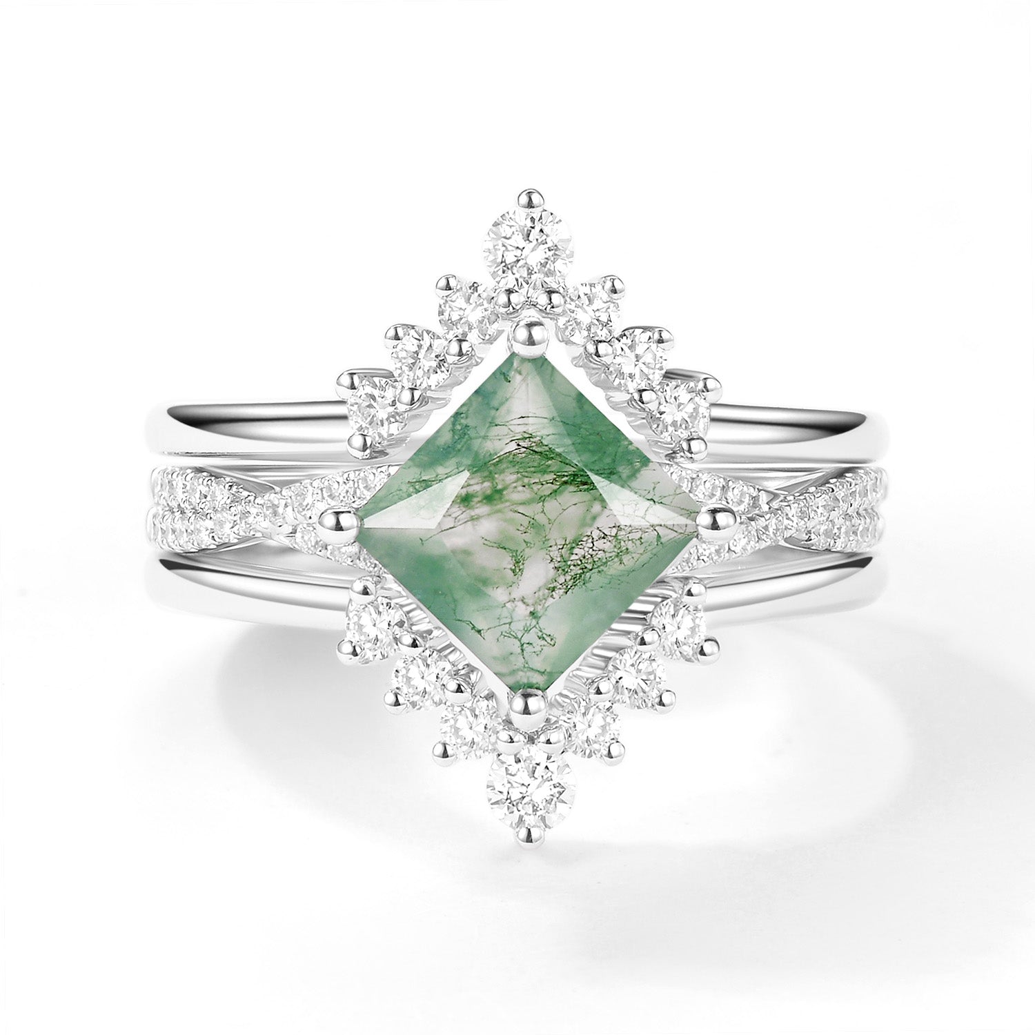 2.0ct Moss Agate Princess Cut Stacking Engagement Ring Set 3pcs