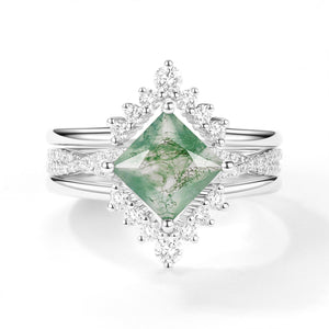 2.0ct Moss Agate Princess Cut Stacking Engagement Ring Set 3pcs
