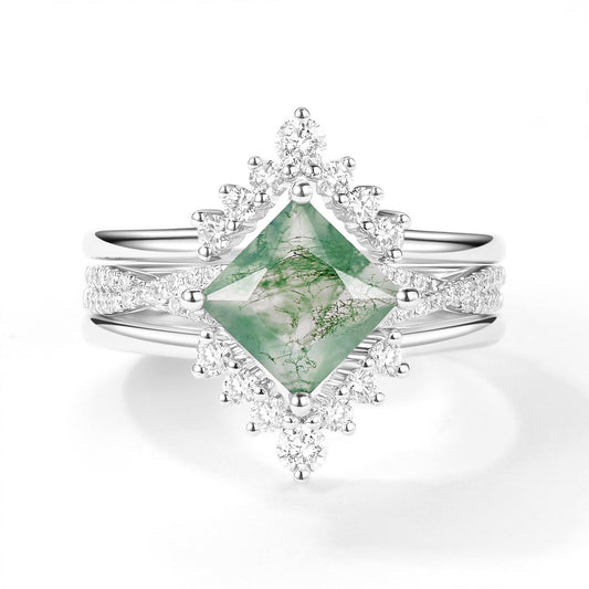 2.0ct Moss Agate Princess Cut Stacking Engagement Ring Set 3pcs