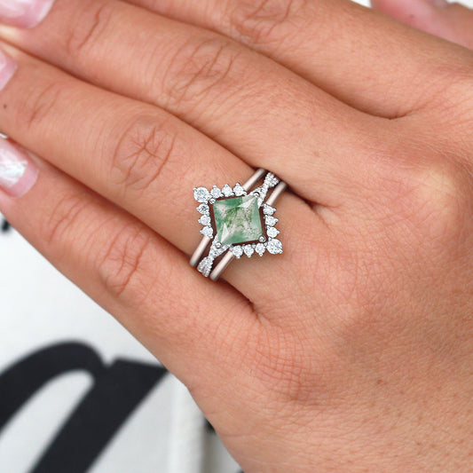 2.0ct Moss Agate Princess Cut Stacking Engagement Ring Set 3pcs