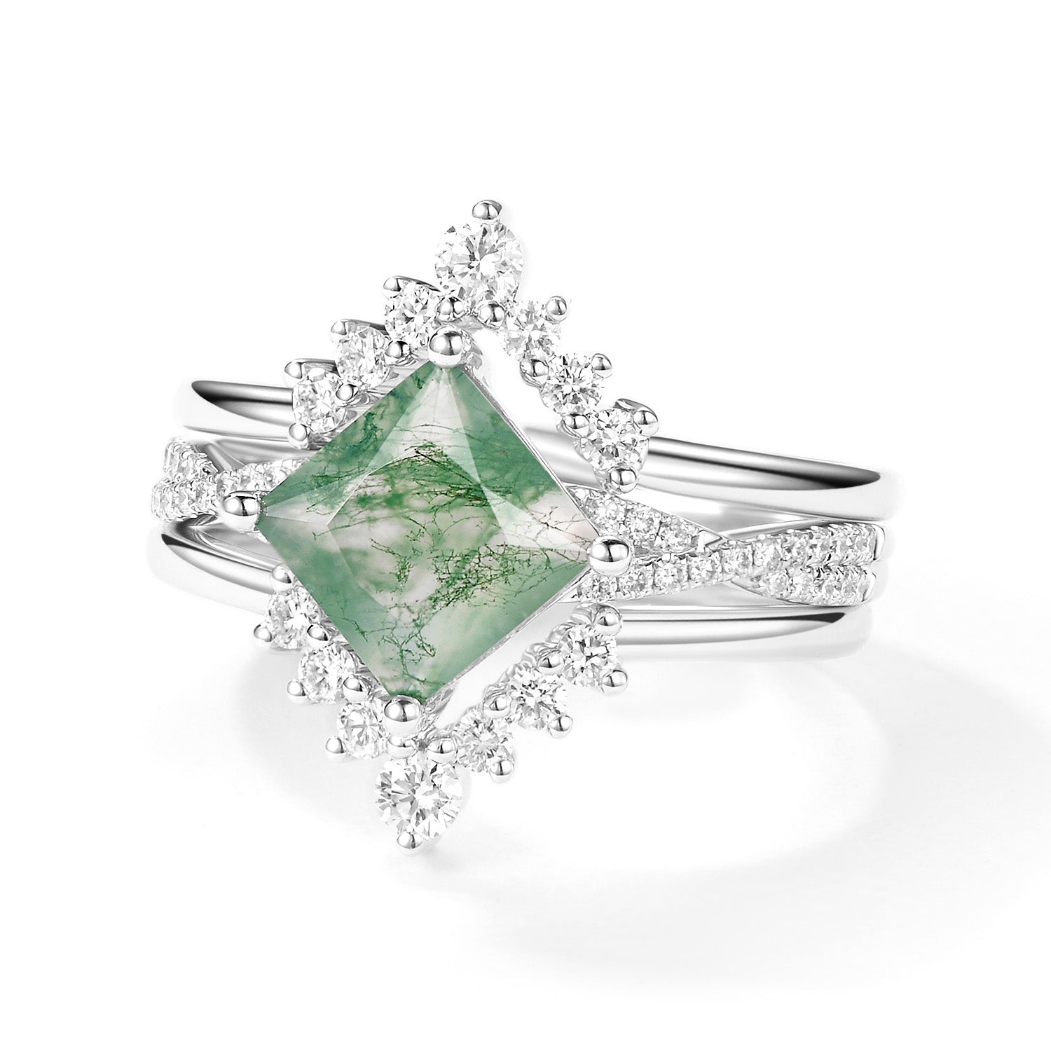 2.0ct Moss Agate Princess Cut Stacking Engagement Ring Set 3pcs
