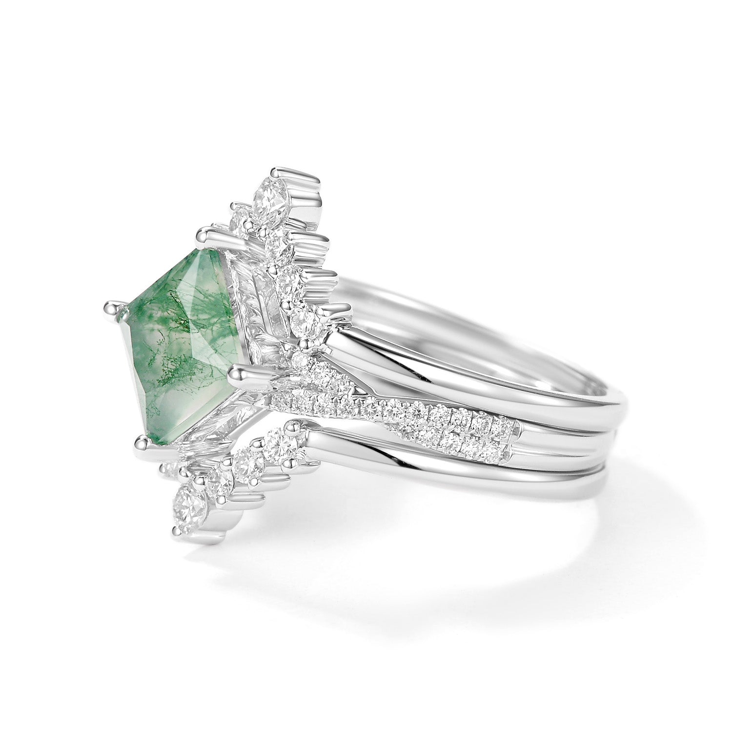 2.0ct Moss Agate Princess Cut Stacking Engagement Ring Set 3pcs
