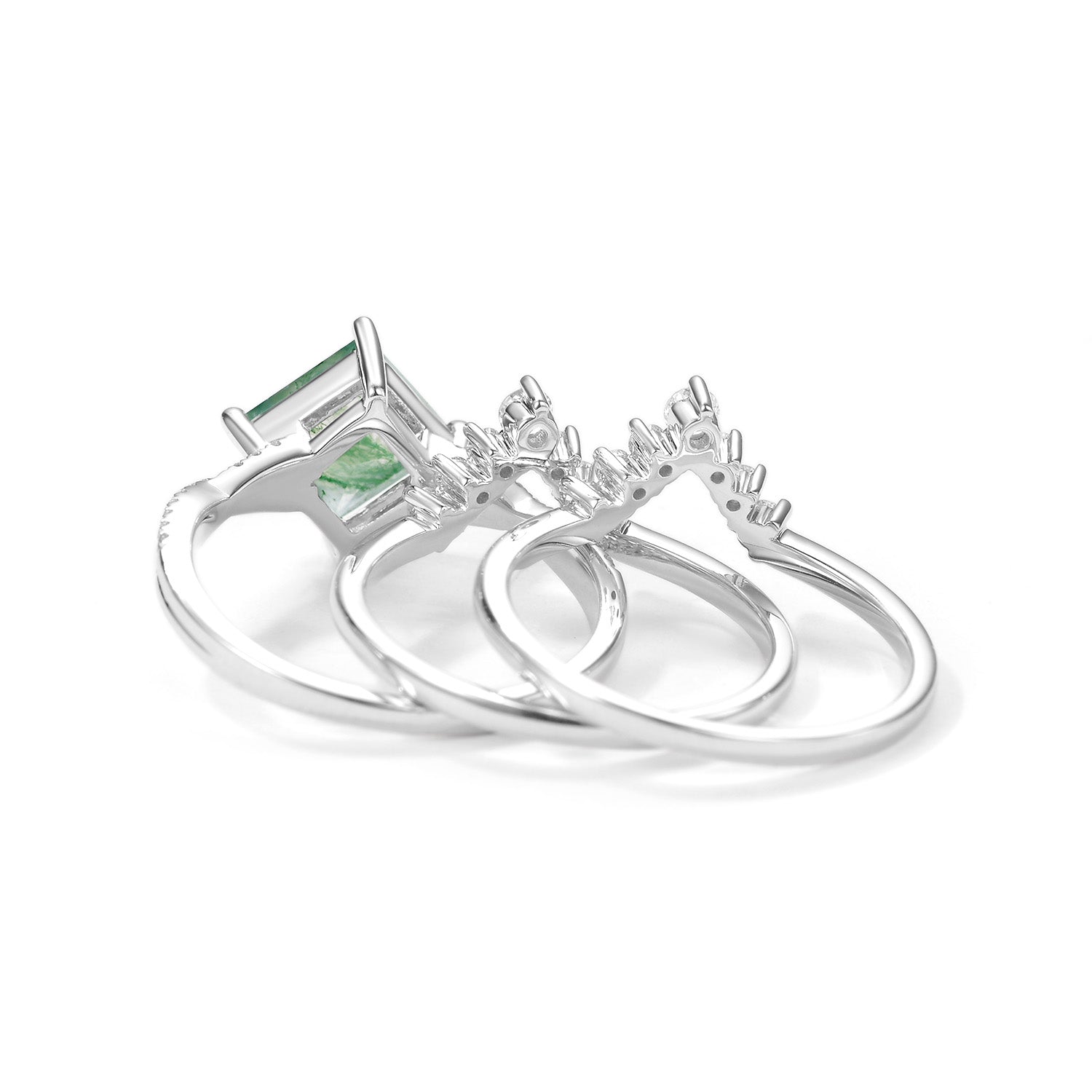 2.0ct Moss Agate Princess Cut Stacking Engagement Ring Set 3pcs