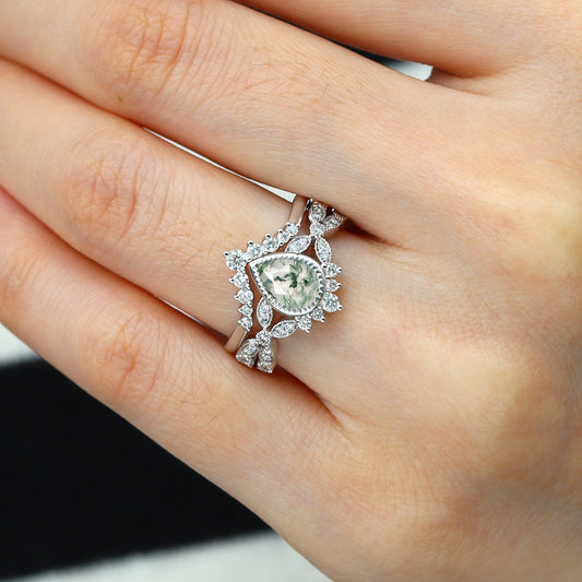Pear Moss Agate Vintage Infinity Ring Set 2pcs - Vivienne