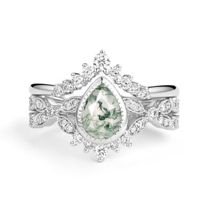 Pear Moss Agate Vintage Infinity Ring Set 2pcs - Vivienne