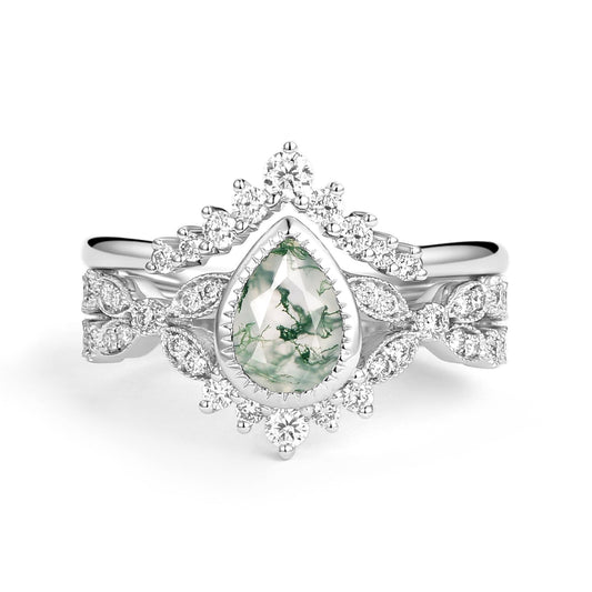 Pear Moss Agate Vintage Infinity Ring Set 2pcs - Vivienne