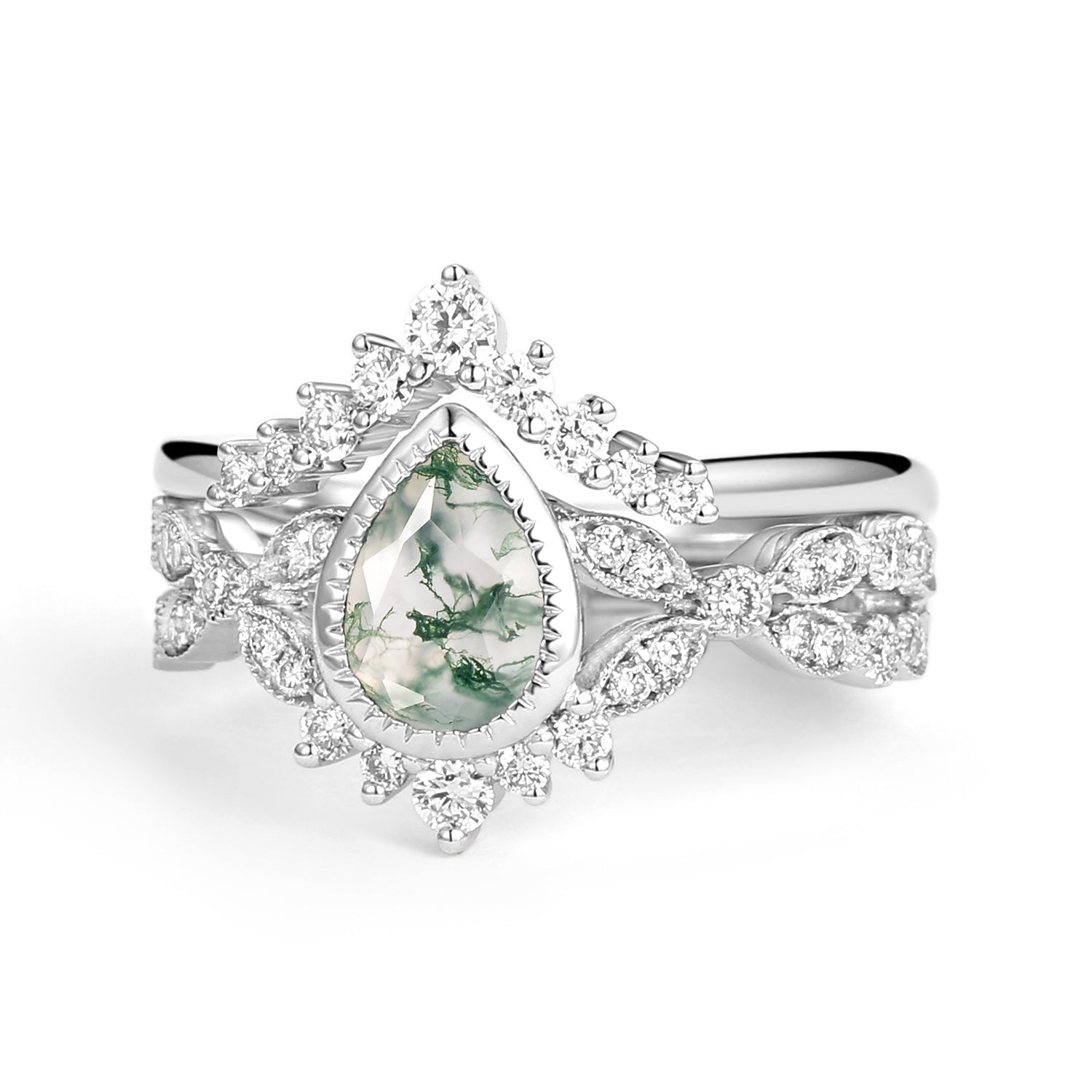 Pear Moss Agate Vintage Infinity Ring Set 2pcs - Vivienne
