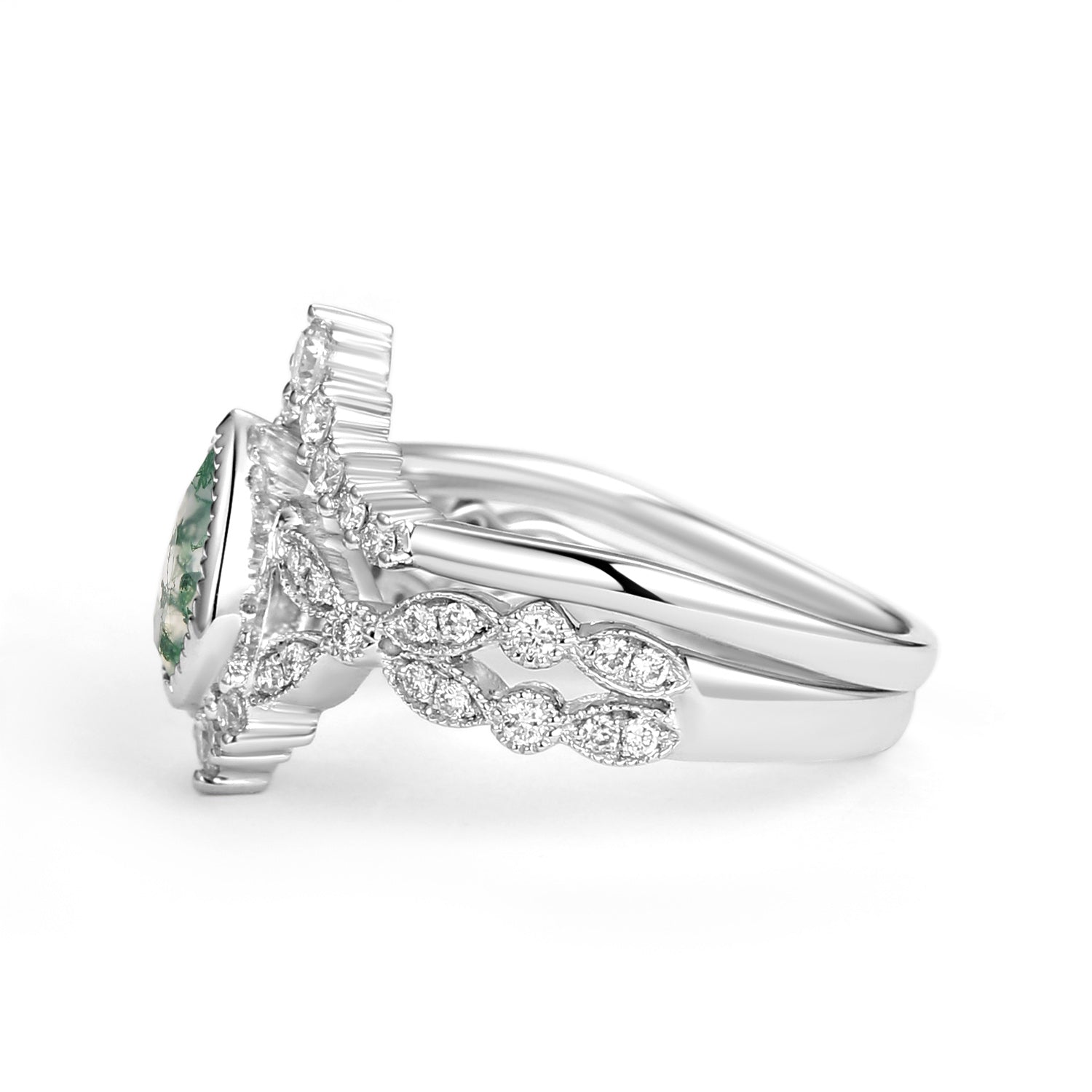 Pear Moss Agate Vintage Infinity Ring Set 2pcs - Vivienne