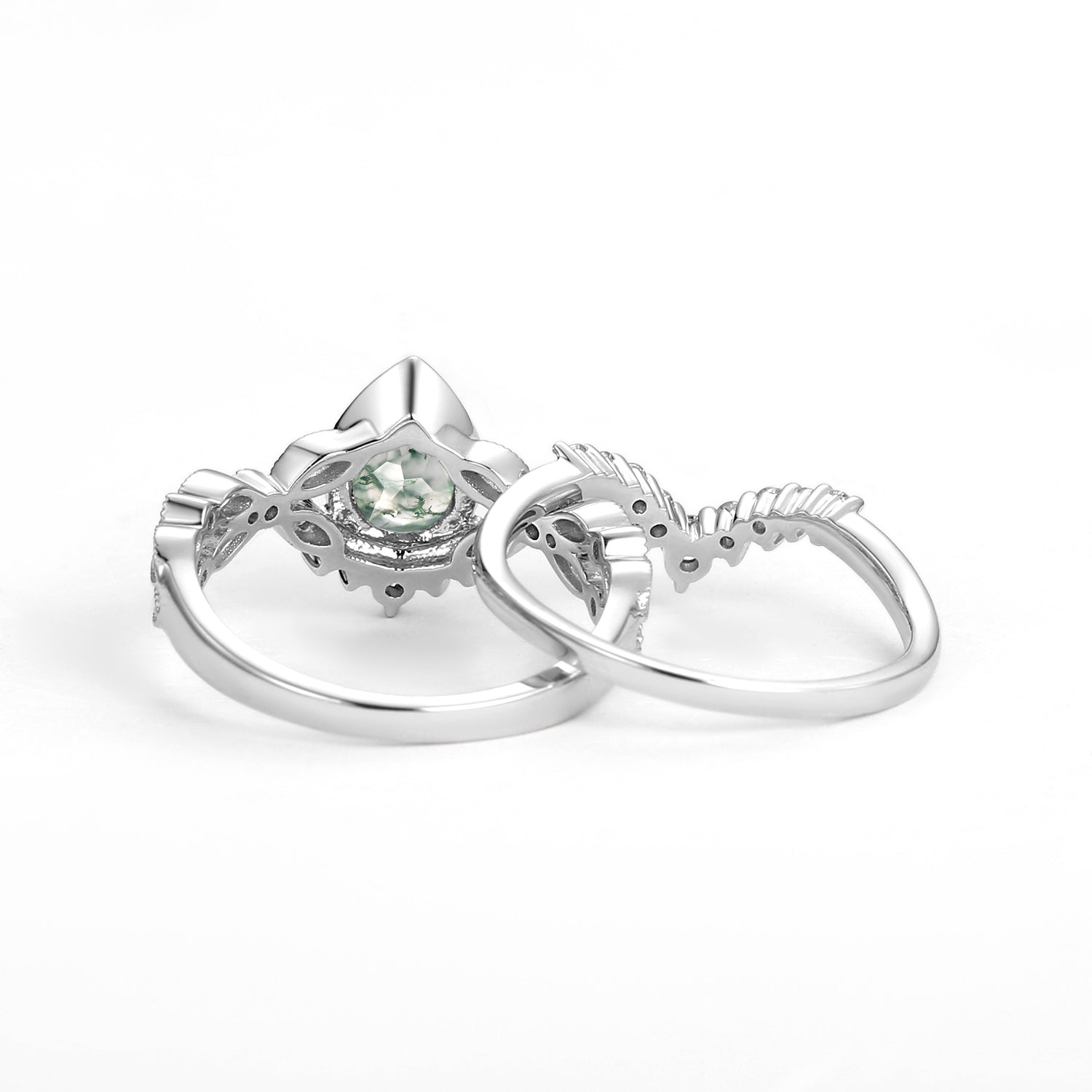 Pear Moss Agate Vintage Infinity Ring Set 2pcs - Vivienne
