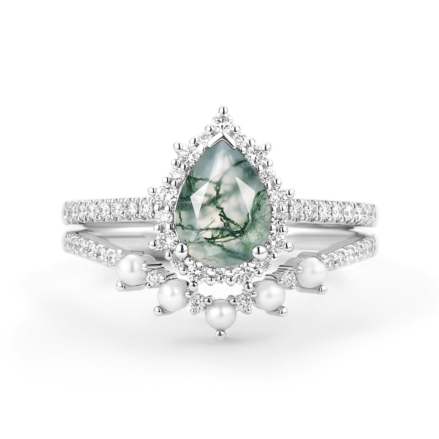 Halo Pear Shaped Moss Agate Pearl Ring Set 2pcs - Ophelia