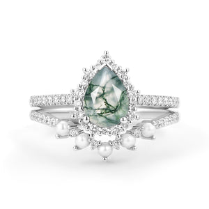 Halo Pear Shaped Moss Agate Pearl Ring Set 2pcs - Ophelia