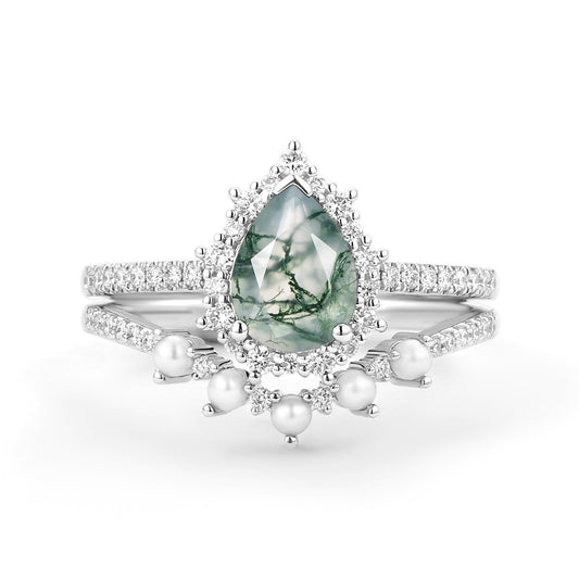 Halo Pear Shaped Moss Agate Pearl Ring Set 2pcs - Ophelia