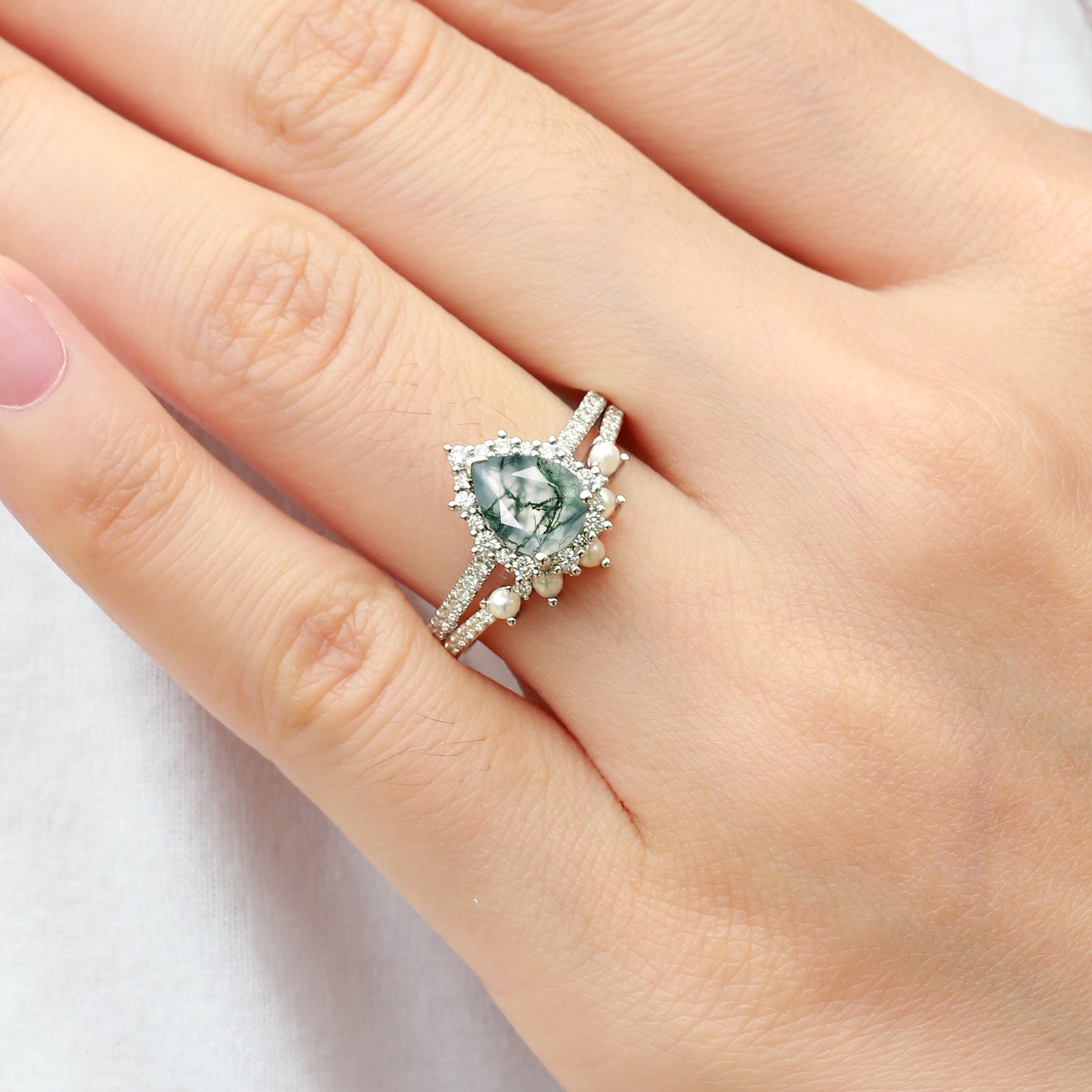 Halo Pear Shaped Moss Agate Pearl Ring Set 2pcs - Ophelia