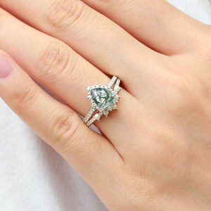 Halo Pear Shaped Moss Agate Pearl Ring Set 2pcs - Ophelia