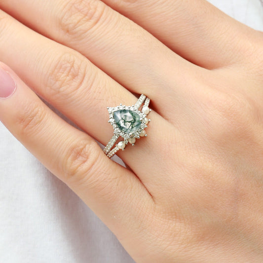 Halo Pear Shaped Moss Agate Pearl Ring Set 2pcs - Ophelia