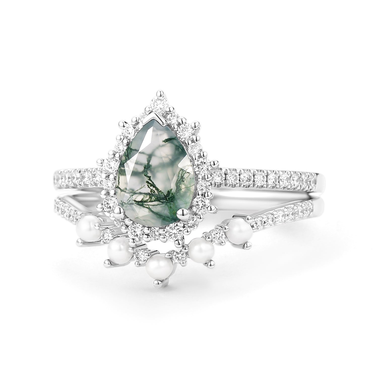 Halo Pear Shaped Moss Agate Pearl Ring Set 2pcs - Ophelia