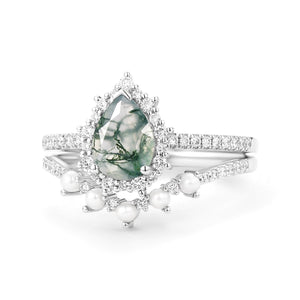 Halo Pear Shaped Moss Agate Pearl Ring Set 2pcs - Ophelia