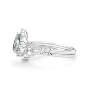 Halo Pear Shaped Moss Agate Pearl Ring Set 2pcs - Ophelia