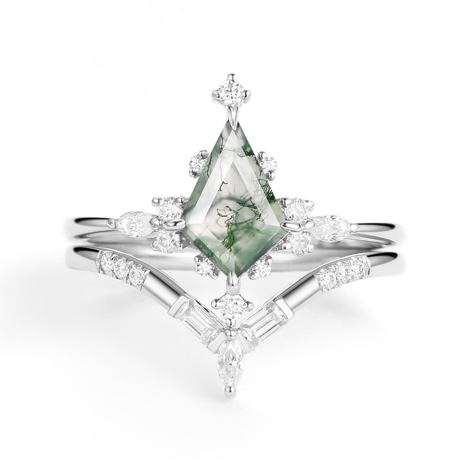Unique Moss Agate Star Kite Engagement Ring Set 2pcs - Isla
