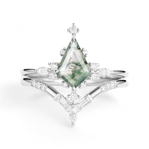Unique Moss Agate Star Kite Engagement Ring Set 2pcs - Isla