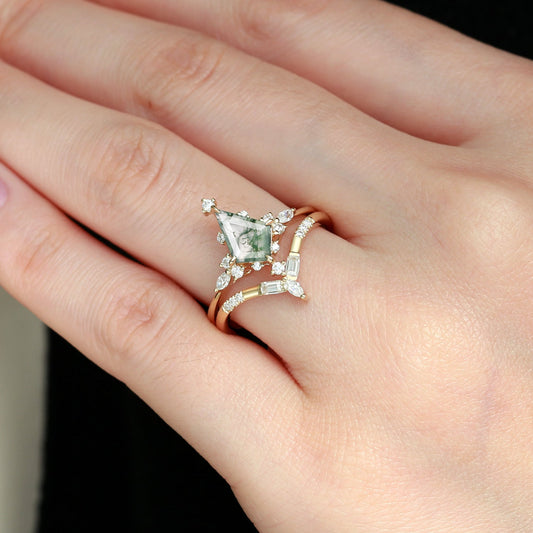 Unique Moss Agate Star Kite Engagement Ring Set 2pcs - Isla