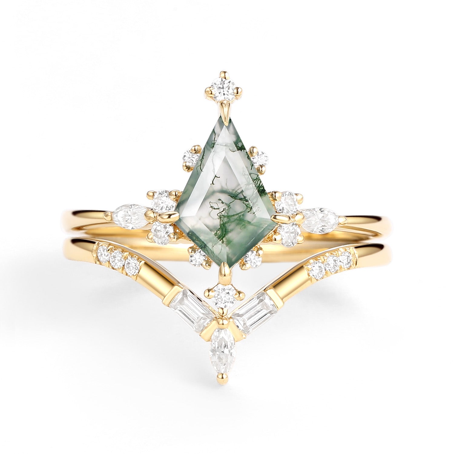 Unique Moss Agate Star Kite Engagement Ring Set 2pcs - Isla