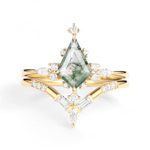 Unique Moss Agate Star Kite Engagement Ring Set 2pcs - Isla