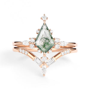Unique Moss Agate Star Kite Engagement Ring Set 2pcs - Isla