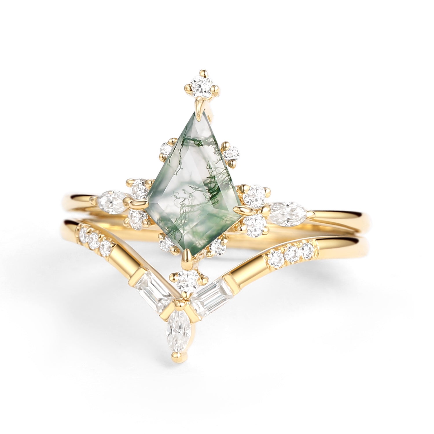 Unique Moss Agate Star Kite Engagement Ring Set 2pcs - Isla