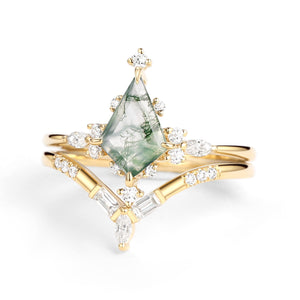 Unique Moss Agate Star Kite Engagement Ring Set 2pcs - Isla