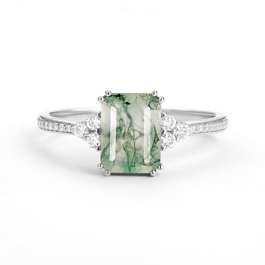 Classic Emerald Cut Moss Agate & Moissanite Cluster Engagement Ring